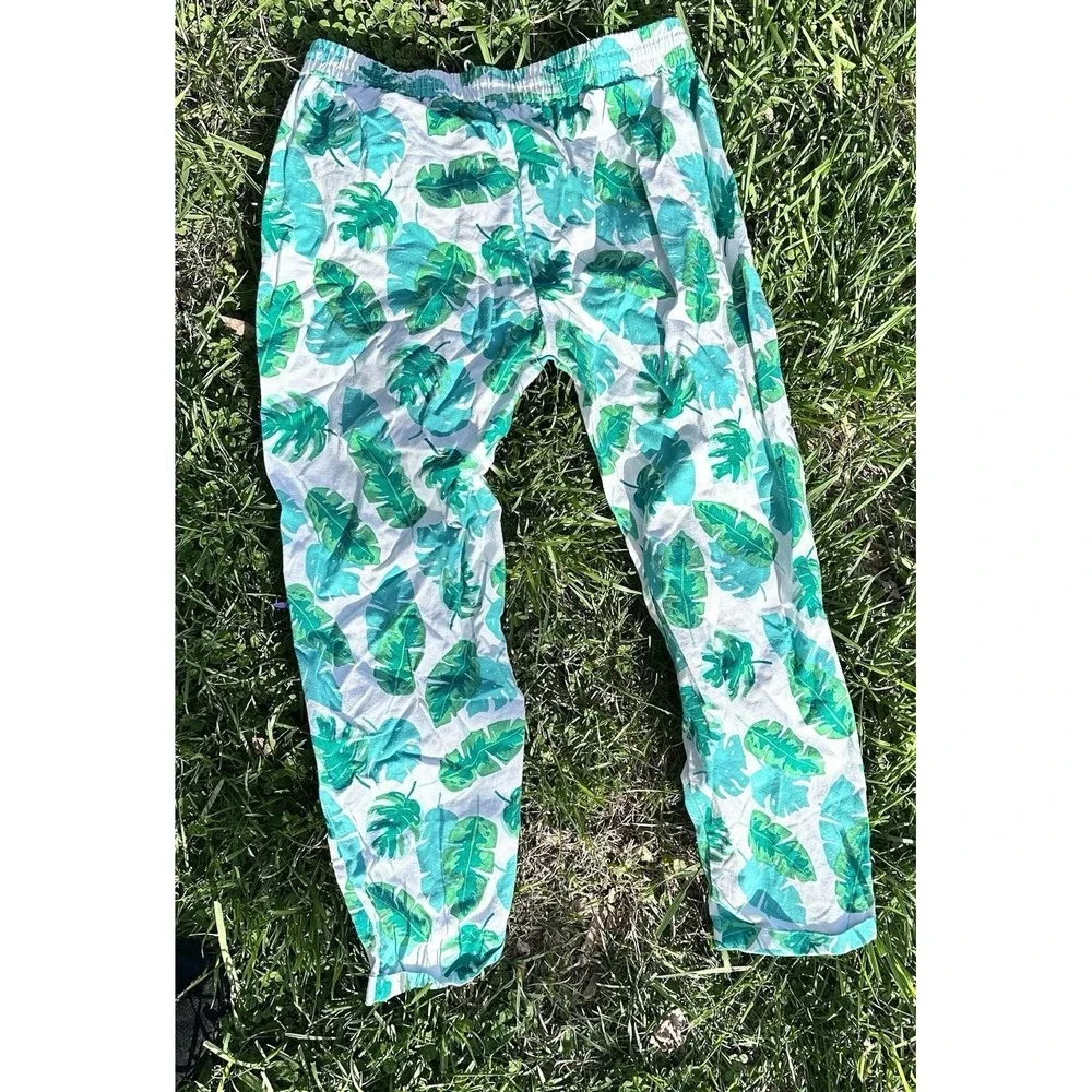 J Crew Jogger Pants Women Green White Linen Forrestal Leaf Art Sz‎ 8 (medium)